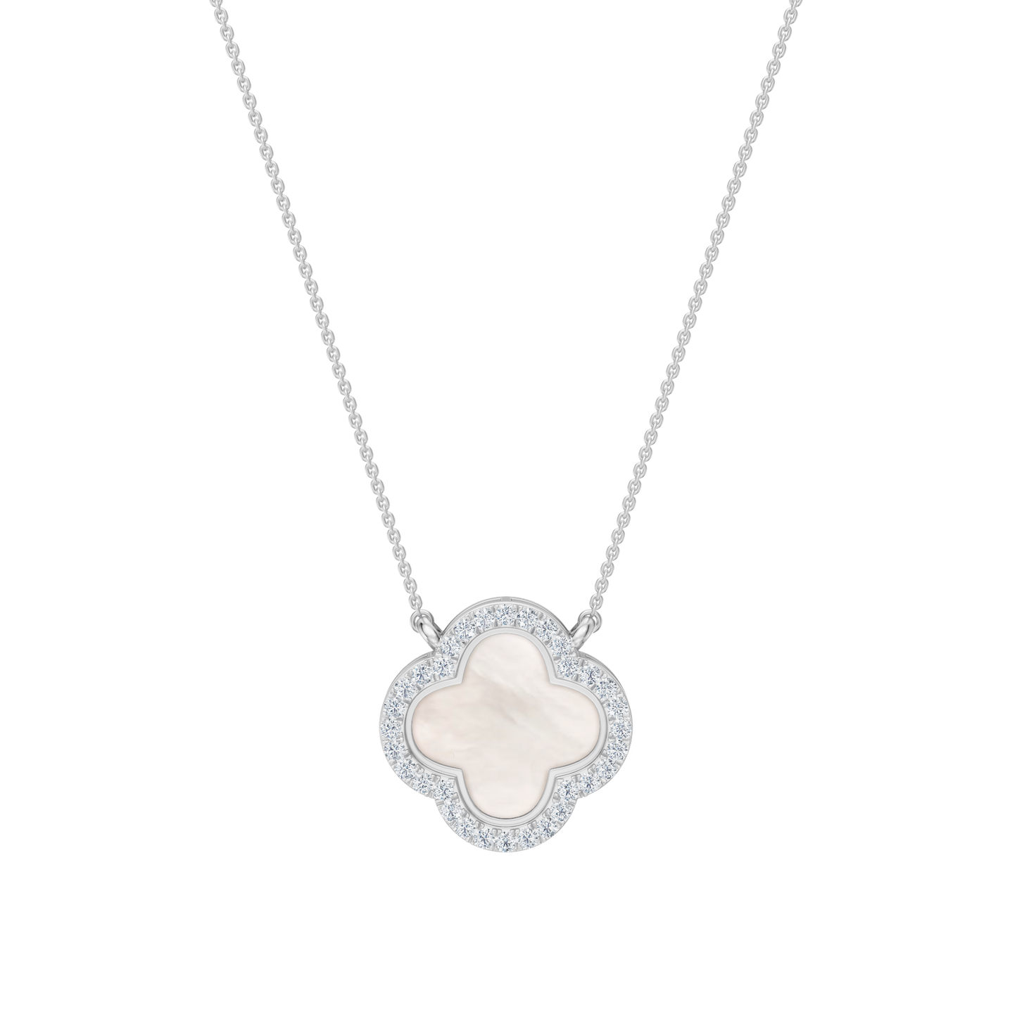 White Gold-Quatrefoil Mother of Pearl and Lab Diamond Pendant_view=TOP